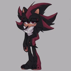 Size: 1280x1280 | Tagged: safe, artist:wtmmheastl, shadow the hedgehog, 2024, barefoot, claws, cute, gloves off, grey background, lidded eyes, looking at viewer, shadowbetes, simple background, solo, standing