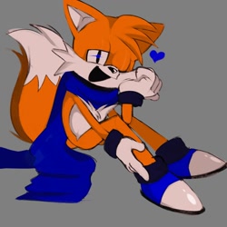 Size: 1500x1500 | Tagged: safe, artist:kirigayahana, miles "tails" prower, 2022, blue shoes, blue socks, grey background, head rest, heart, lidded eyes, looking at viewer, mouth open, scarf, simple background, sitting, smile, solo, wink