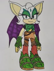 Size: 3000x3942 | Tagged: safe, artist:masaxmune23, rouge the bat, sonic prime, 2023, looking at viewer, prim rouge, simple background, smile, solo, standing, traditional media