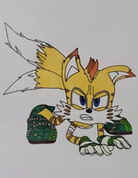 Size: 3000x3859 | Tagged: safe, artist:masaxmune23, mangey, miles "tails" prower, 2023, all fours, clenched teeth, simple background, solo, traditional media