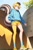 Size: 512x768 | Tagged: safe, ai art, ray the flying squirrel, human, asymmetrical legwear, baseball cap, blue eyes, cap, from below, hand in pocket, hoodie, humanized, male, outdoors, shoes, shorts, single thighhigh, socks, solo, yellow hair