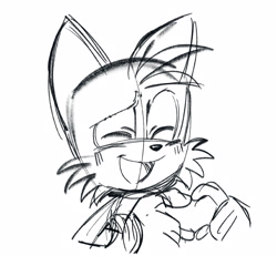 Size: 2048x1965 | Tagged: safe, artist:thatbirdguy_, miles "tails" prower, black and white, doodle, laughing, love gesture