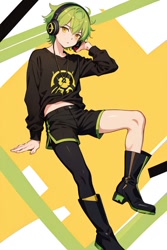 Size: 512x768 | Tagged: safe, ai art, vector the crocodile, human, asymmetrical legwear, boots, green hair, headphones, humanized, male, shirt, shorts, single leg pantyhose, yellow eyes