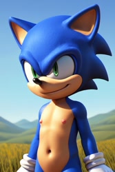 Size: 512x768 | Tagged: safe, ai art, artist:doctor_robotskeez, sonic the hedgehog, blue fur, gloves, green eyes, navel, nipples, outdoors, smile, white gloves