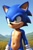 Size: 512x768 | Tagged: safe, ai art, artist:doctor_robotskeez, sonic the hedgehog, blue fur, gloves, green eyes, navel, nipples, outdoors, smile, white gloves