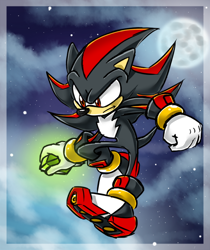 Size: 588x700 | Tagged: safe, artist:tanzillaaaa, shadow the hedgehog, hedgehog, black fur, gloves, male, red eyes, red fur, shoes