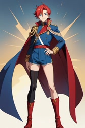 Size: 512x768 | Tagged: safe, ai art, elias acorn, human, asymmetrical legwear, belt, blue eyes, boots, cape, humanized, jacket, male, red hair, shorts, single thighhigh