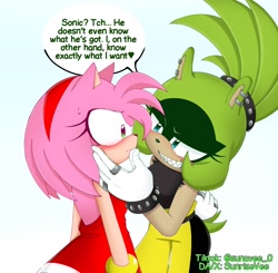 Size: 2048x2009 | Tagged: safe, artist:sunrisevee, amy rose, surge the tenrec, blushing, dialogue, flirting, hand on cheek, lesbian, shipping, surgamy