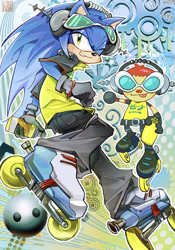 Size: 750x1073 | Tagged: artist needed, safe, sonic the hedgehog, hedgehog, human, beat (jet set radio), chibi, clothes, crossover, duo, jet set radio, jet set radio future, male, rollerblades, rollerskates, spray can, spray paint