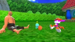 Size: 1366x768 | Tagged: safe, artist:undeadponysoldier, nack the weasel, chao, human, sonic adventure 2, basketball, best friends, chao kindergarten, crossover, fang the hunter, hanging out, happy, human male, male, playful, playing, shirtless, sitting, soldier, team fortress 2