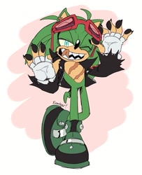 Size: 725x893 | Tagged: safe, artist:scourgefrontier, scourge the hedgehog, hedgehog, blue eyes, fingerless gloves, glasses, glasses on head, green fur, jacket, male, shoes, solo, sunglasses