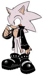 Size: 349x600 | Tagged: safe, artist:virune, scourge the hedgehog, hedgehog, fingerless gloves, jacket, male, red eyes, shoes, white fur