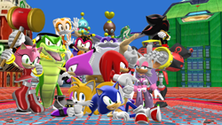 Size: 640x360 | Tagged: safe, artist:bunglescrungle, amy rose, big the cat, charmy bee, cream the rabbit, e-123 omega, espio the chameleon, knuckles the echidna, miles "tails" prower, rouge the bat, shadow the hedgehog, sonic the hedgehog, vector the crocodile, mmd
