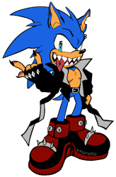 Size: 394x600 | Tagged: safe, artist:mightourge, scourge the hedgehog, hedgehog, belt, blue eyes, blue fur, fingerless gloves, jacket, male, shoes