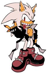 Size: 394x600 | Tagged: safe, artist:mightourge, scourge the hedgehog, hedgehog, belt, fingerless gloves, jacket, male, red eyes, shoes, white fur