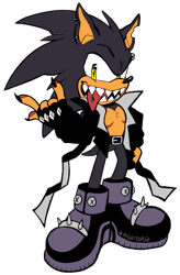 Size: 394x600 | Tagged: safe, artist:mightourge, scourge the hedgehog, hedgehog, belt, black fur, fingerless gloves, jacket, male, shoes, yellow eyes