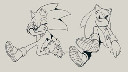 Size: 1188x673 | Tagged: safe, artist:scourgefrontier, sonic the hedgehog, hedgehog, gloves, male, shoes, socks, solo, top surgery scars