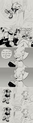 Size: 478x1796 | Tagged: safe, artist:scourgefrontier, scourge the hedgehog, oc, oc:meta the hedgehog, comic, duo, english text, forest