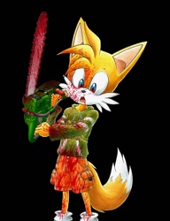 Size: 600x780 | Tagged: artist needed, dead source, safe, miles "tails" prower, fox, blood, blue eyes, chainsaw, hoodie, male, orange fur, shoes, shorts, socks, solo