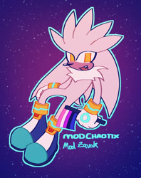 Size: 950x1200 | Tagged: safe, artist:sonicpridecorner, silver the hedgehog, abstract background, flag, galaxy background, genderfluid, genderfluid pride, holding something, looking at viewer, one fang, outline, pride, pride flag, signature, smile, solo