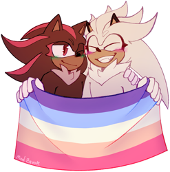 Size: 1087x1101 | Tagged: safe, artist:sonicpridecorner, shadow the hedgehog, silver the hedgehog, arm around shoulders, blushing, cute, duo, flag, green blush, he/him lesbian pride, holding something, lesbian, lesbian pride, pride, pride flag, shadow x silver, shipping, signature, simple background, smile, transparent background