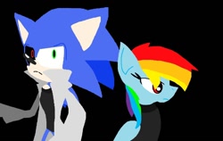 Size: 1362x860 | Tagged: safe, artist:dragonjule, oc, oc:sonic.exe, fanfic:rainbow factory, 2015, black background, creepypasta, crossover, duo, frown, lab coat, looking at viewer, looking offscreen, my little pony, pegasus, pony, rainbow dash, rainbow factory dash, simple background