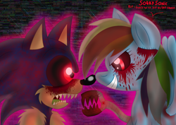 Size: 2716x1920 | Tagged: semi-grimdark, artist:mondewebcom, oc, oc:sonic.exe, 2021, abstract background, black sclera, bleeding, blood, crossover, dialogue, duo, english text, looking offscreen, mouth open, my little pony, open mouth, outline, pegasus, pony, rainbow dash, rainbow.exe, robot, smile, static
