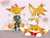Size: 2048x1536 | Tagged: safe, artist:lacydbike, miles "tails" prower, nine, sonic prime, 2025, blushing, brown tipped ears, clenched fists, duo, ear fluff, english text, holding something, looking at viewer, one fang, self paradox, sonic racing crossworlds, standing, sweatdrop, thought bubble, trophy