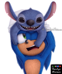 Size: 2500x3000 | Tagged: safe, artist:jocelynminions, sonic the hedgehog, hedgehog, crossover, duo, male, movie style, on head, stitch (lilo & stitch)