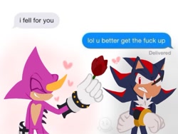 Size: 1193x899 | Tagged: safe, artist:kirby64star, espio the chameleon, shadow the hedgehog, arms folded, dialogue, duo, english text, facebook messenger, flower, frown, gay, heart, holding something, offering flower, rose, shadpio, shipping, simple background, smile, standing, white background