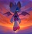 Size: 1983x2047 | Tagged: safe, artist:imlarked, rouge the bat, 2025, abstract background, backlighting, clouds, flying, front view, gender swap, glowing eyes, lidded eyes, looking at viewer, ocean, outdoors, redraw, smile, smiling at viewer, solo, sunset, water