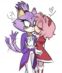 Size: 1504x1758 | Tagged: safe, artist:rikandererr, amy rose, blaze the cat, 2025, amy x blaze, blushing, blushing ears, cute, duo, frown, heart, holding hands, kiss on cheek, lesbian, pride, question mark, shipping, simple background, smile, standing, wagging tail, white background