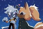Size: 2048x1367 | Tagged: safe, artist:cawffeejelly, tangle the lemur, whisper the wolf, lemur, wolf, 2025, abstract background, blushing, cute, duo, female, heart, kiss, lesbian, nighttime, outdoors, shipping, smile, sparkles, standing, tangle x whisper, wagging tail, whispabetes