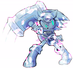 Size: 2048x1940 | Tagged: safe, artist:xblueshin, amy rose, 2025, alternate eye color, blue eyes, frown, glowing eyes, holding something, looking offscreen, monochrome, piko piko hammer, signature, simple background, solo, spot color, standing, white background