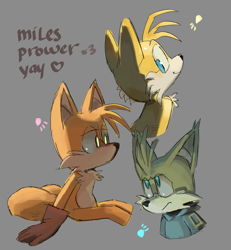 Size: 1851x2000 | Tagged: safe, artist:mew-less, miles "tails" prower, nine, sonic prime, 2025, character name, frown, grey background, heart, looking at viewer, looking offscreen, self paradox, simple background, sitting, smile, solo