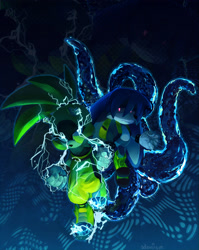 Size: 1859x2337 | Tagged: safe, artist:adoniism_, kit the fennec, surge the tenrec, tenrec, 2025, abstract background, duo, electricity, female, fennec, glowing eyes, looking at viewer, male, tentacle, water