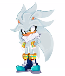 Size: 1982x2318 | Tagged: safe, artist:shmokeymoe, silver the hedgehog, 2025, cute, frown, hands on hips, lineless, looking offscreen, silvabetes, simple background, solo, white background