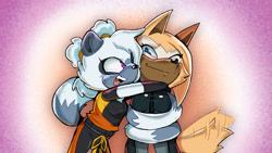 Size: 2048x1152 | Tagged: safe, artist:cinderghost22, tangle the lemur, whisper the wolf, lemur, wolf, 2025, alternate universe, au:timeskip (cinderghost22), clothes, cute, duo, female, gradient background, hair up, hugging, lesbian, looking at each other, mouth open, open smile, shipping, smile, standing, tail hug, tangle x whisper, uekawa style, wagging tail