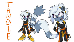 Size: 2048x1152 | Tagged: safe, artist:cinderghost22, tangle the lemur, lemur, 2025, alternate universe, au:timeskip (cinderghost22), character name, clothes, female, hair up, looking offscreen, mouth open, simple background, smile, solo, uekawa style, white background