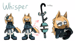 Size: 2048x1152 | Tagged: safe, artist:cinderghost22, whisper the wolf, wolf, 2025, alternate universe, au:timeskip (cinderghost22), character name, clothes, english text, eyes closed, female, looking offscreen, simple background, smile, solo, standing, uekawa style, white background, wispon