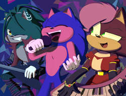 Size: 4050x3096 | Tagged: safe, artist:adrianthecrustation, artist:m9nwh0r3, sonia the hedgehog, sonic the hedgehog, hedgehog, sonic underground, 2023, abstract background, clothes, eyes closed, female, guitar, holding something, keyboard, male, manic the hedgehog, microphone, mouth open, open mouth, siblings, singing, smile, standing, trio