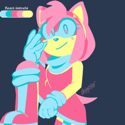 Size: 400x400 | Tagged: safe, artist:hedgester, amy rose, hedgehog, 2021, blue background, blushing, female, limited palette, looking at viewer, signature, simple background, smile, solo, standing on something