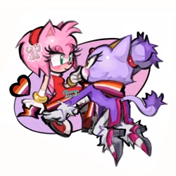 Size: 2048x2048 | Tagged: safe, artist:sorendrawen, amy rose, blaze the cat, 2025, amy x blaze, blushing, bow, duo, flag, heart, lesbian, lesbian pride, looking at each other, pride, pride flag, shipping, signature