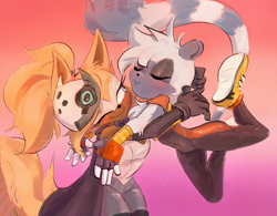 Size: 680x531 | Tagged: safe, artist:valera_uncle, tangle the lemur, whisper the wolf, 2025, cute, duo, eyes closed, gradient background, holding each other, imminent kissing, lesbian, lesbian pride, pride, pride flag background, shipping, smile, standing, tangabetes, tangle x whisper, whispabetes