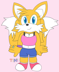 Size: 1280x1567 | Tagged: safe, artist:victoryvictini1, miles "tails" prower, 2024, clothes, crop top, eyelashes, flat colors, gender swap, hair up, looking at viewer, millie "tailsko" prower, necklace, pink background, ponytail, ring, rule 63, shorts, signature, simple background, smile, solo, standing