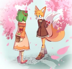 Size: 1280x1219 | Tagged: artist needed, source needed, safe, cosmo the seedrian, miles "tails" prower, abstract background, beanbrows, cherry blossom petals, cherry blossom tree, coat, dress, duo, duo female, female, females only, fur markings, half r63 shipping, holding something, lesbian, looking at each other, mouth open, plant pot, present, sakura blossoms, shipping, smile, standing, tailsmo, trans female, trans girl tails, transgender, unknown date