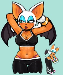 Size: 1620x1908 | Tagged: suggestive, artist:unaluu_0, rouge the bat, bat, 2025, blue background, cleavage, female, panties, riders outfit, simple background, solo, sweat