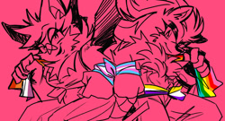 Size: 1313x708 | Tagged: safe, artist:carnation-damnation, rouge the bat, shadow the hedgehog, 2025, duo, female, gay pride, holding something, lesbian, lesbian pride, line art, looking at viewer, monochrome, nonbinary, nonbinary pride, pink background, pride, pride flag, scarf, simple background, sketch, smile, spot color, trans female, trans girl rouge, trans pride, transgender