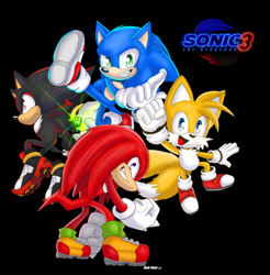 Size: 887x901 | Tagged: safe, artist:nonicpower, knuckles the echidna, miles "tails" prower, shadow the hedgehog, sonic the hedgehog, echidna, fox, hedgehog, sonic the hedgehog 3 (film), black background, chaos emerald, group, male, movie style, simple background, team sonic