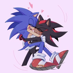 Size: 1499x1506 | Tagged: safe, artist:zeemy-wah, shadow the hedgehog, sonic the hedgehog, hedgehog, 2025, blushing, cute, duo, eyes closed, gay, happy, heart, hugging, male, shadow x sonic, shadowbetes, shipping, signature, smile, sonabetes